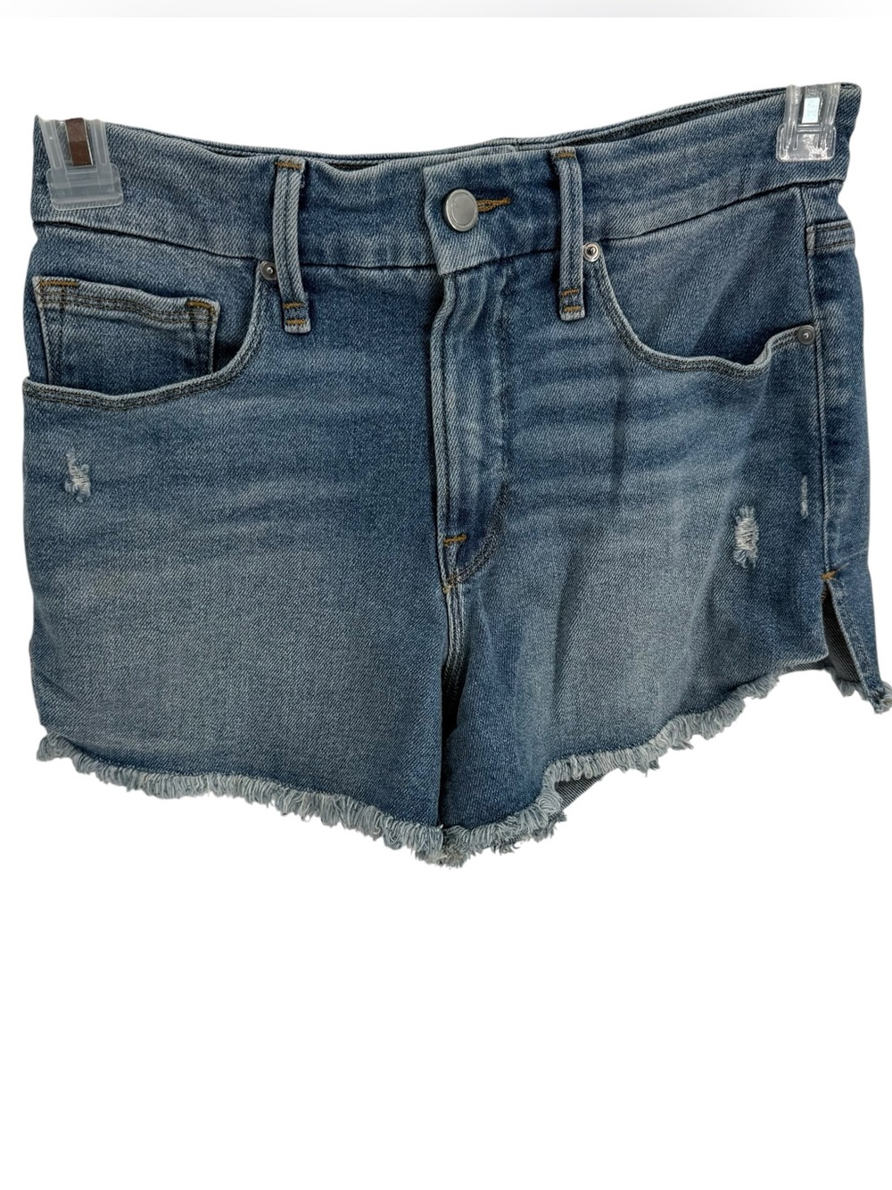 Good American Blue Denim Jean Shorts Size 4 / 27 Boho Distressed Frayed Hem